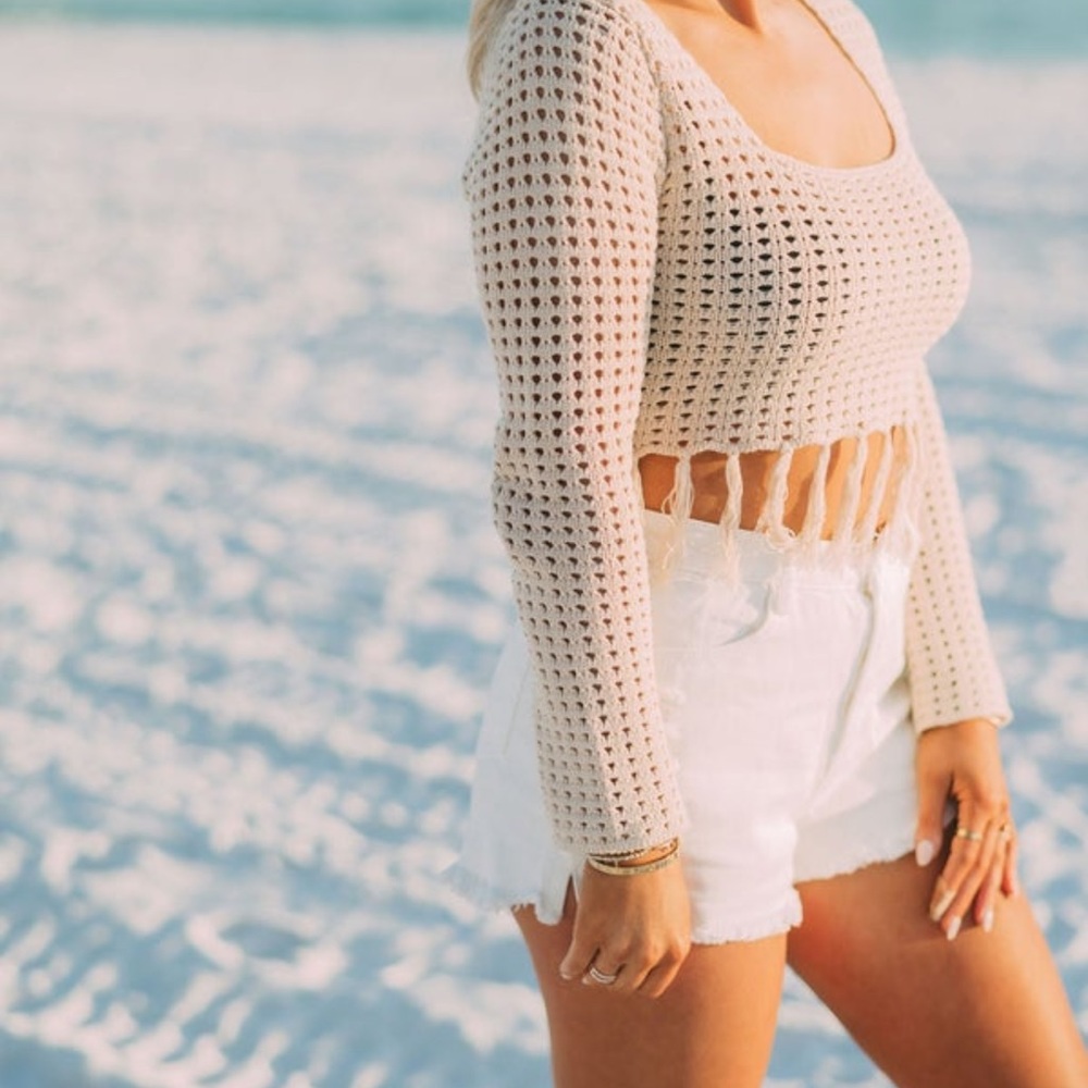 Never worn- crochet knit tassel sweater top